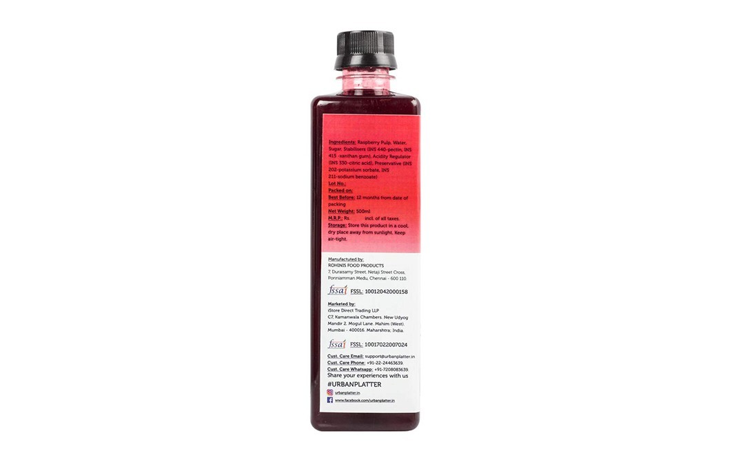 Urban Platter Raspberry Syrup    Plastic Bottle  500 millilitre